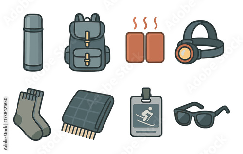 Essential winter hiking gear: thermos, backpack, hot packs, headlamp, socks, blanket, badge, glasses