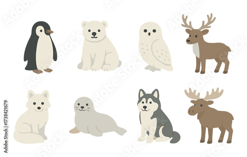 Cartoon arctic and woodland animals: penguin, polar bear, owl, moose, fox, seal, husky