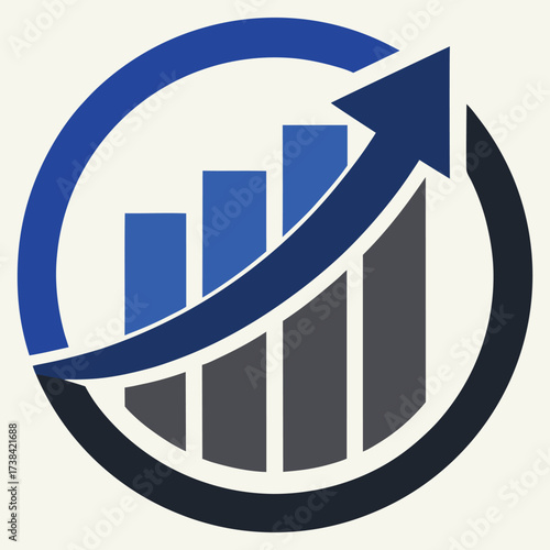 Circular growth chart with upward trending arrow and bar graph symbolizing financial success
