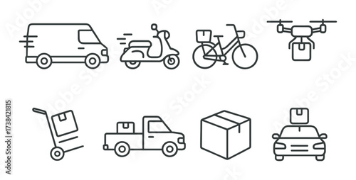 Monotone icons of delivery vehicles and transport methods