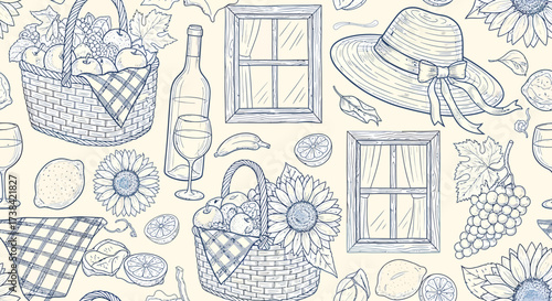 Seamless pattern with hand-drawn picnic items, summer elements, and rustic details in blue line art on a light background.
