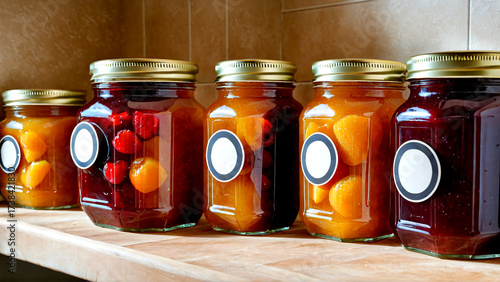 Preserve summer's bounty with vibrant homemade fruit preserves in elegant glass jars, ready for your pantry or gifts.