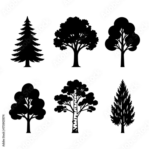 Silhouettes of trees — a set of black icons on a white background