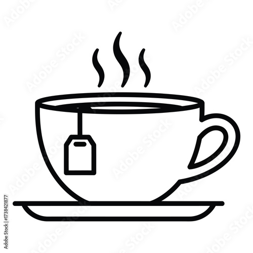 Vector art of black and white line drawing of a hot tea cup with steam