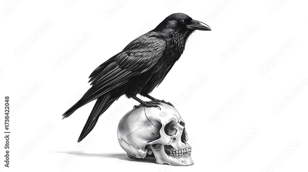 Obraz premium A solemn raven perched atop a skull, observing from its morbid throne, a symbol of mystery and demise.