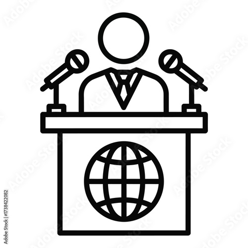 Vector art of person speaking at podium with globe icon