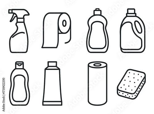 Cleaning essentials outline illustration featuring spray bottle and sponge
