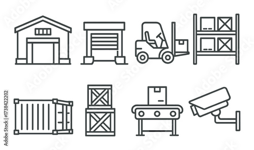 Industrial warehouse icons set with forklift, storage, and security camera