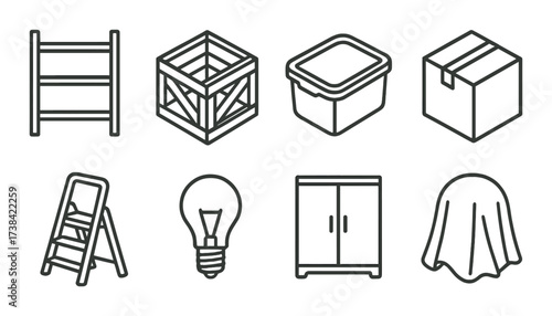 Minimalist icons of storage solutions and utility tools on olive green background