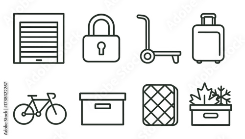 Storage and moving icons: lock, box, luggage, bicycle, dolly, container