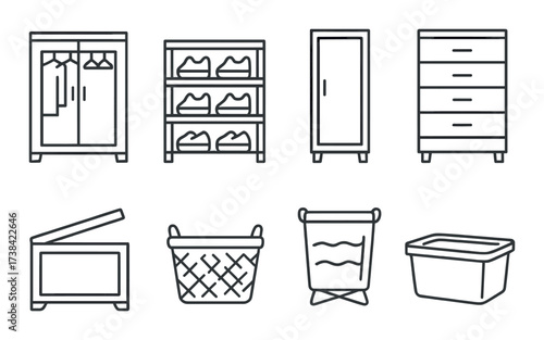 Minimalist wardrobe and storage solutions: closet, shoe rack, cabinet, dresser, chest, basket, hamper, bin