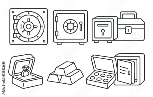 Safe and security icons: vault, lockbox, briefcase, gold bars, jewelry, watch, vault