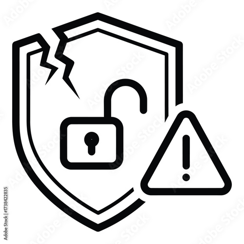 Vector art of broken shield with lock and warning sign indicating security vulnerability