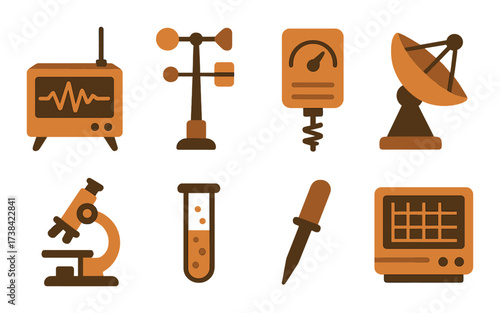 Orange science icons featuring microscope, satellite, weather vane, and laboratory equipment