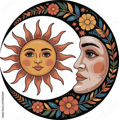 Sun Goddess with Ornate Floral Frame in Vibrant Colors – Celestial Fantasy Digital Art