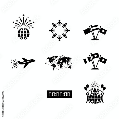 Global Celebration of Unity and Time: A visually compelling icon design, featuring a harmonious blend of international symbols representing global unity, celebration, time, and world travel.