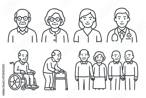 Elderly asian adults and healthcare professionals in medical settings