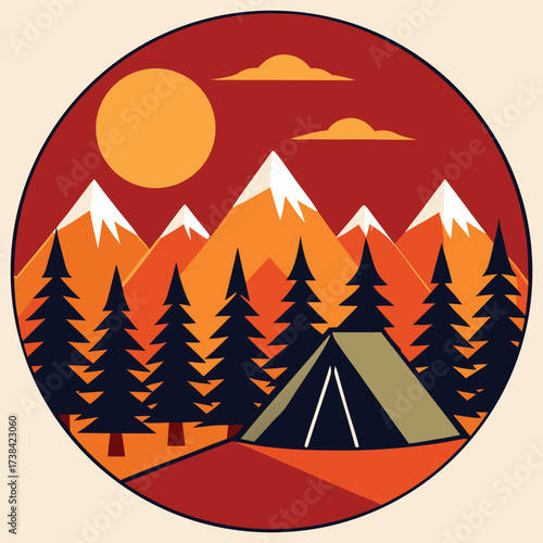 Circular illustration of a serene mountain landscape with a tent and pine trees at sunset