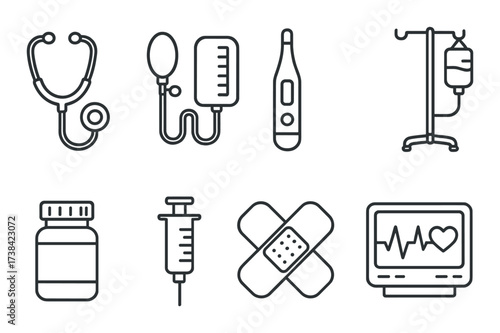 Medical icons featuring stethoscope syringe thermometer iv bag and heart monitor