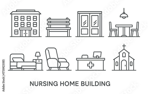 Icon set representing various elements of a nursing home building