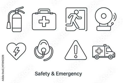 Safety and emergency icons including first aid and fire alarm symbols