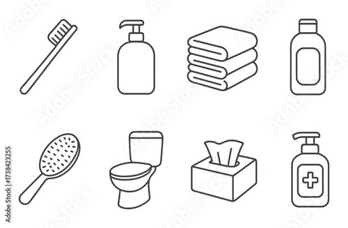 Bathroom essentials: toiletries, towel, toothbrush, soap, shampoo, hairbrush, tissue, toilet symbols