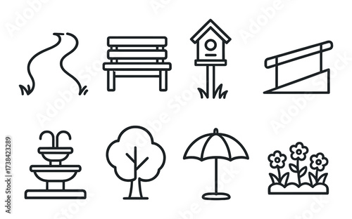 Park icons set: pathway, bench, birdhouse, ramp, fountain, tree, umbrella, flowers