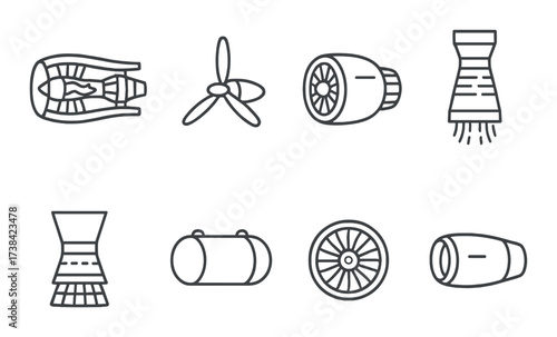 Various aircraft engine icons: jet, turboprop, rocket, turbofan, and turbojet designs