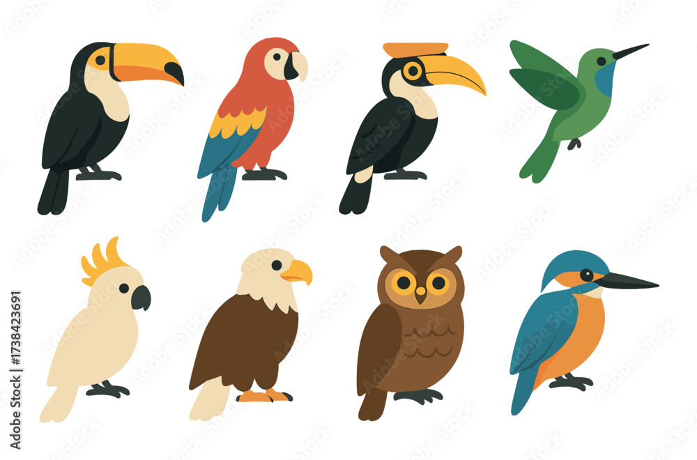 Naklejka premium Colorful cartoon birds: toucans, parrots, owl, hummingbird, cockatoo, kingfisher, eagle