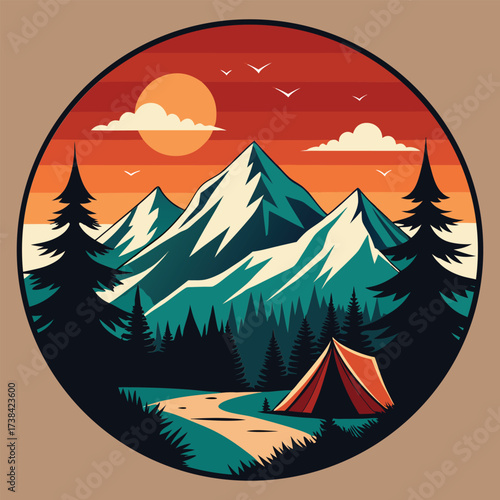 Vibrant circular illustration of a serene mountain landscape at sunset with a tent