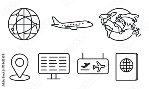Global travel icons set: airplane, globe, map, location, departure board, passport