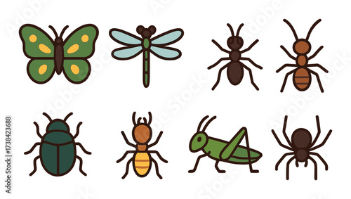 Colorful insect icons featuring butterfly, dragonfly, ants, beetle, and grasshopper