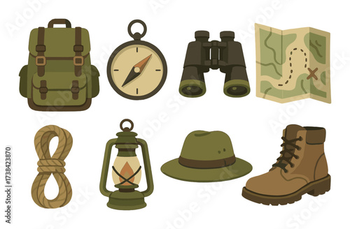 Exploration essentials: backpack, compass, map and hiking gear for adventure