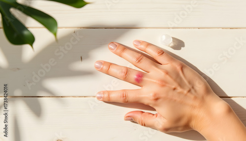Woman's hand applying cream on white wooden surface with plant  