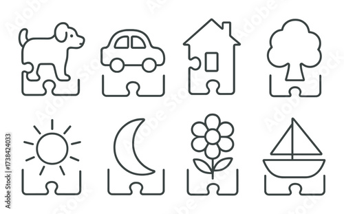 Dark metal puzzle pieces: dog, car, house, tree, sun, moon, flower, boat