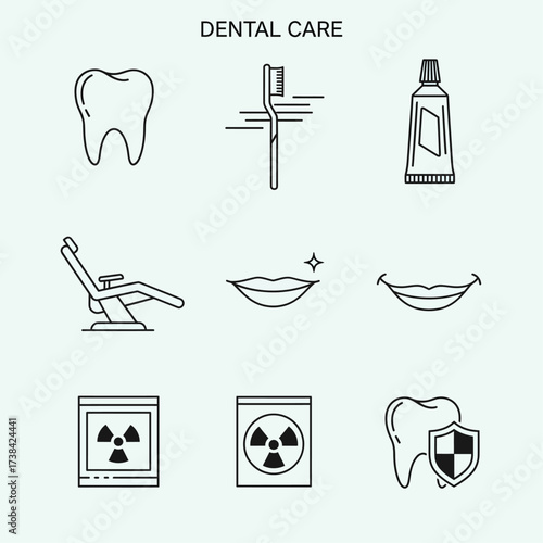 Collection of simple line art icons representing essential dental care tools and procedures for oral hygiene and health