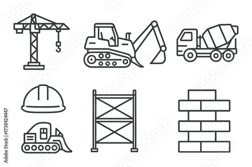 Construction equipment and tools icons set with crane, bulldozer, and mixer