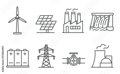 Renewable and conventional energy icons: wind, solar, industrial, and nuclear power symbols