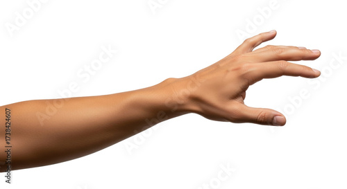 Isolated tanned arm reaches with open hand, grasping or grabbing concept on solid ground