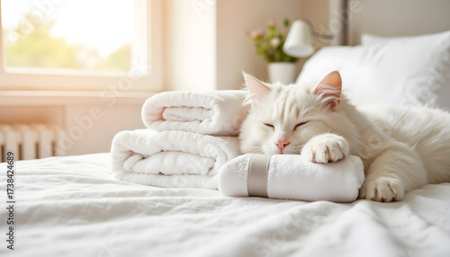 White cat resting on neatly stacked towels in bright bedroom  