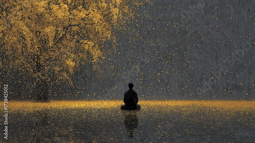 Eerie golden lights shimmer around a solitary figure under a haunted tree on a dark, mystical night