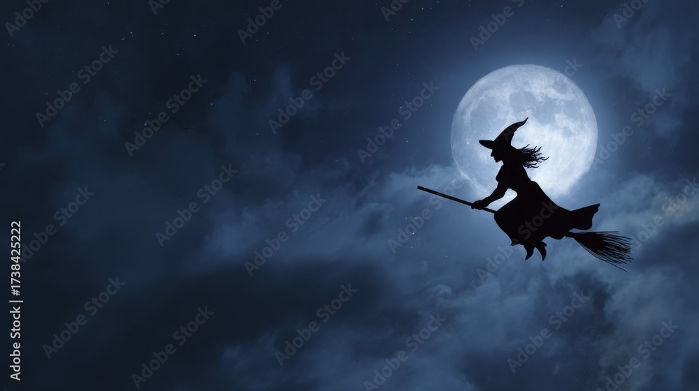 Naklejka premium of a Flying on a Broomstick at Night with Full Moon