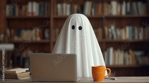 Halloween ghost costume figure sitting at a desk with laptop, books, and an orange mug in a library setting