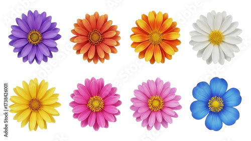 Colorful Digital Flower Icon Set – 8 High-Quality Detailed Blossoms Isolated on White Background