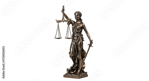 Isolated bronze statue of Lady Justice holding scale and sword representing impartiality