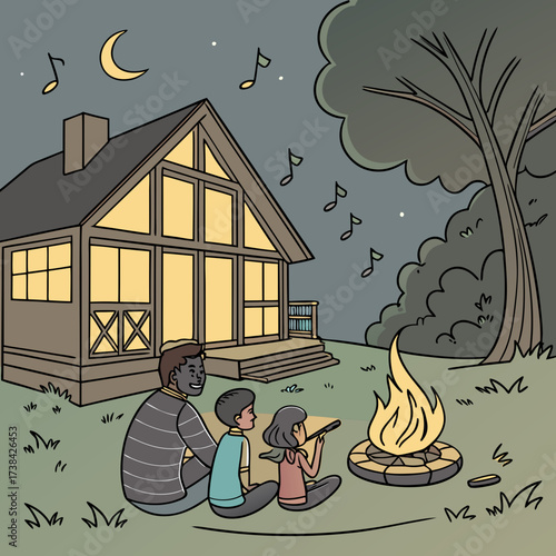 A family enjoys a warm campfire under the moonlight outside their cozy cabin on a peaceful evening