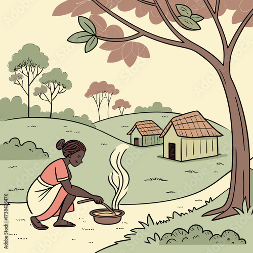 A woman cooks outdoors in a rural village with traditional houses and trees in the background
