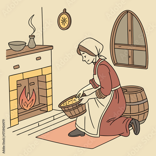 A woman in historical clothing kneels by a fireplace tending to a basket of grain or flour for baking bread