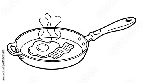frying pan with breakfast line art black white