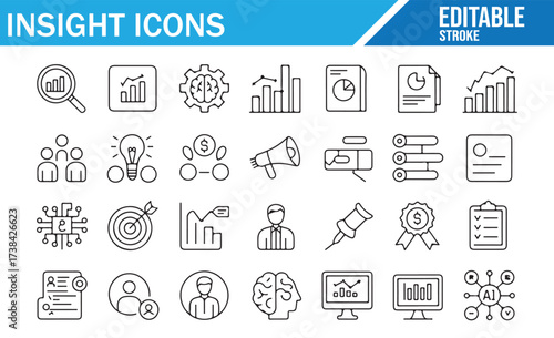 Insightful Business Metrics and Data Analysis Icons Set with Editable Line Art